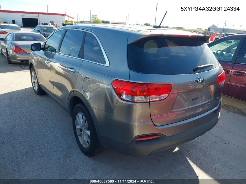 2016 Kia Sorento 2.4L L VIN: 5XYPG4A32GG124334 Lot: 40837589