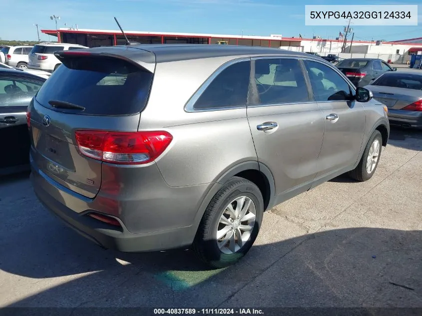 2016 Kia Sorento 2.4L L VIN: 5XYPG4A32GG124334 Lot: 40837589