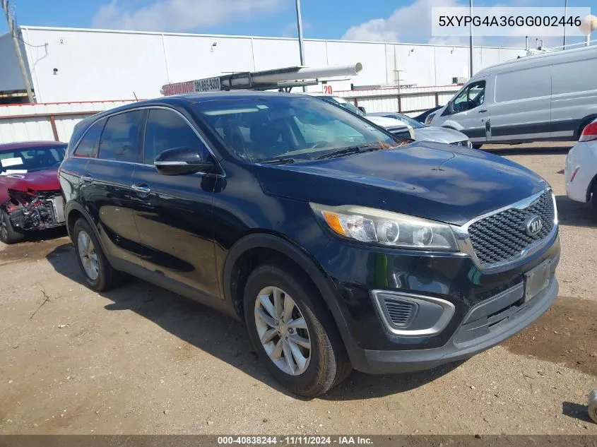 2016 Kia Sorento 2.4L L VIN: 5XYPG4A36GG002446 Lot: 40838244