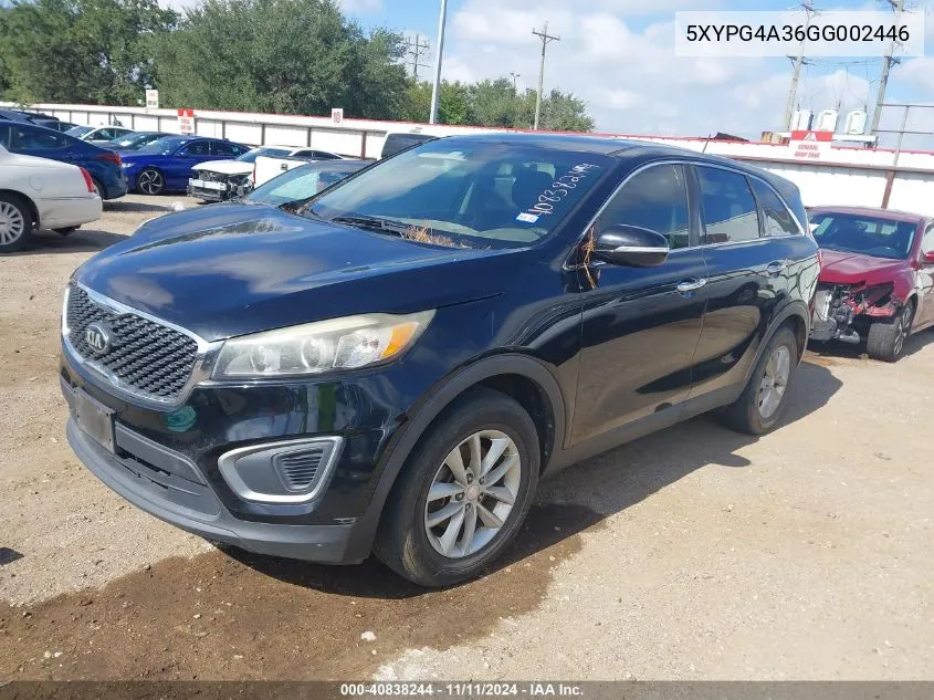 2016 Kia Sorento 2.4L L VIN: 5XYPG4A36GG002446 Lot: 40838244