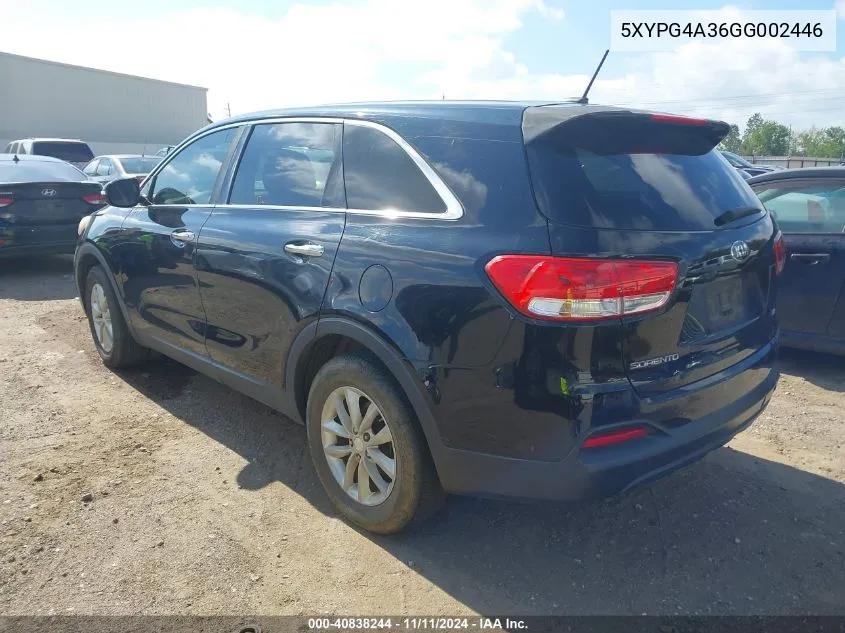 2016 Kia Sorento 2.4L L VIN: 5XYPG4A36GG002446 Lot: 40838244