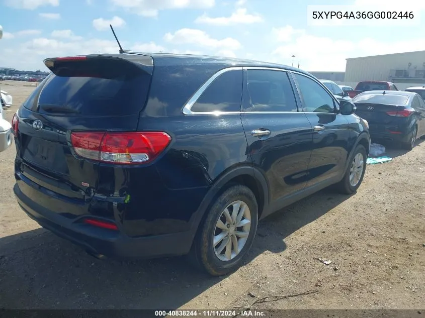 2016 Kia Sorento 2.4L L VIN: 5XYPG4A36GG002446 Lot: 40838244