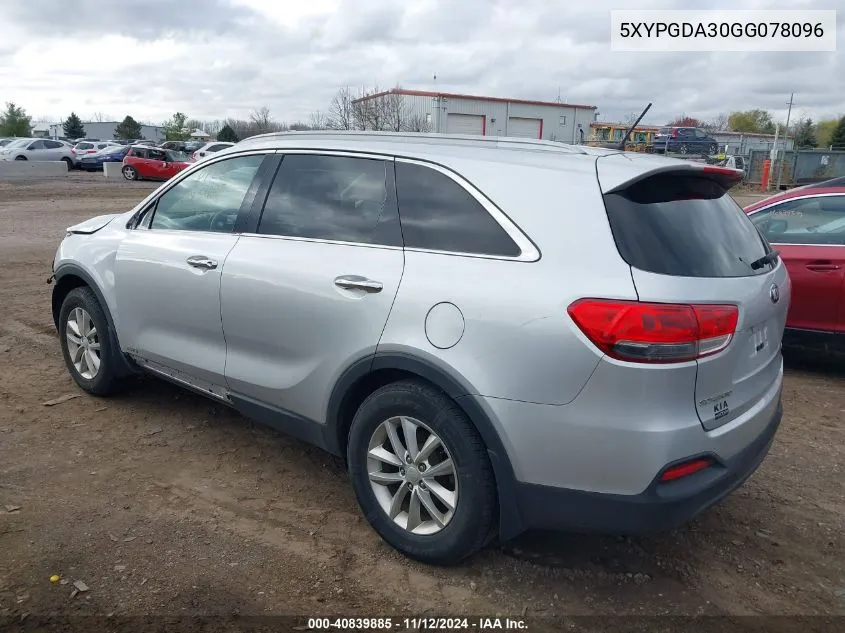 2016 Kia Sorento 2.4L Lx VIN: 5XYPGDA30GG078096 Lot: 40839885