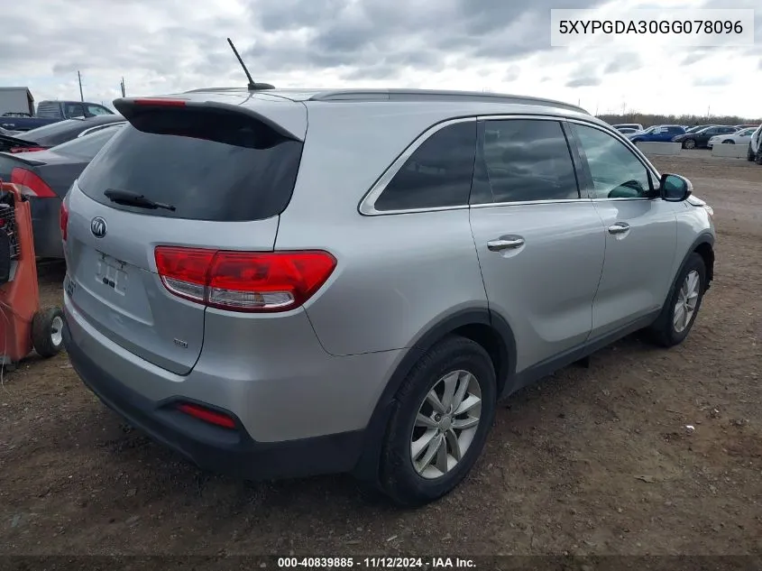 2016 Kia Sorento 2.4L Lx VIN: 5XYPGDA30GG078096 Lot: 40839885