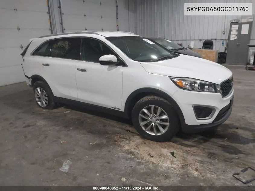 2016 Kia Sorento 3.3L Lx VIN: 5XYPGDA50GG011760 Lot: 40840952