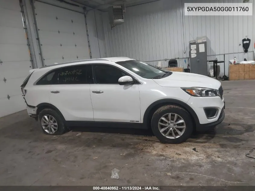 2016 Kia Sorento 3.3L Lx VIN: 5XYPGDA50GG011760 Lot: 40840952