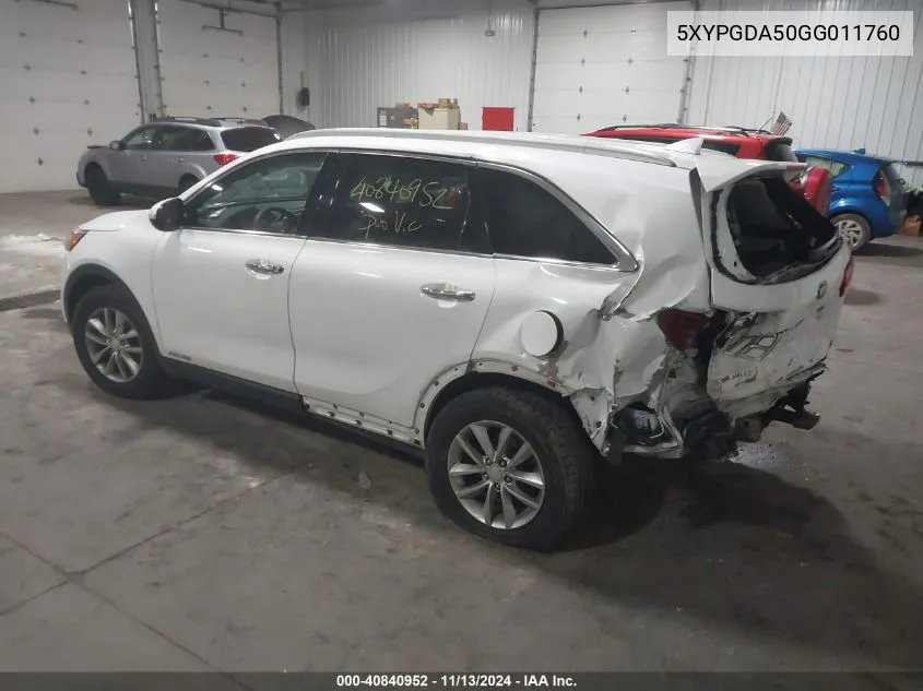 2016 Kia Sorento 3.3L Lx VIN: 5XYPGDA50GG011760 Lot: 40840952