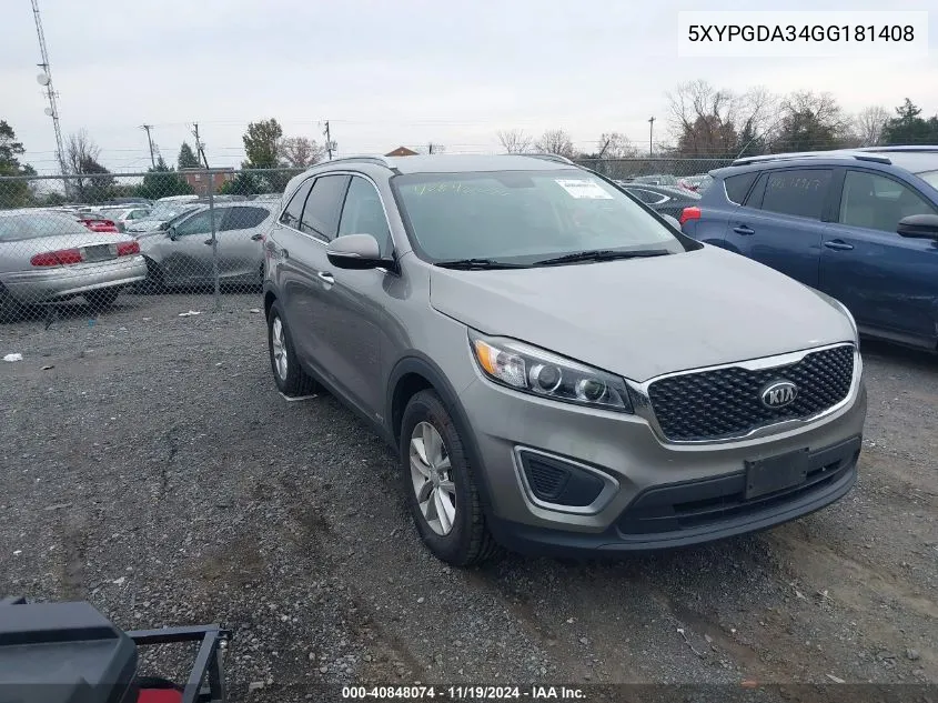 2016 Kia Sorento 2.4L Lx VIN: 5XYPGDA34GG181408 Lot: 40848074