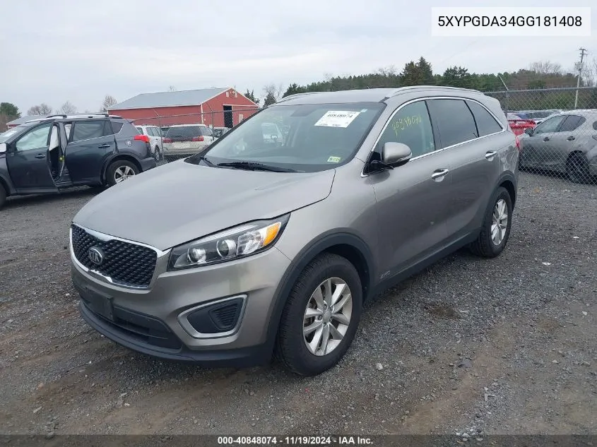 2016 Kia Sorento 2.4L Lx VIN: 5XYPGDA34GG181408 Lot: 40848074