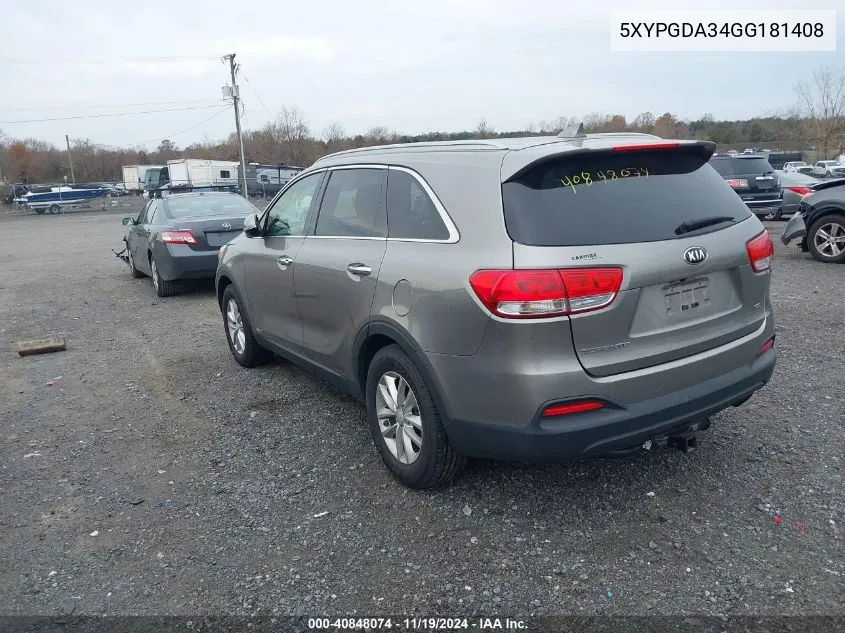 2016 Kia Sorento 2.4L Lx VIN: 5XYPGDA34GG181408 Lot: 40848074