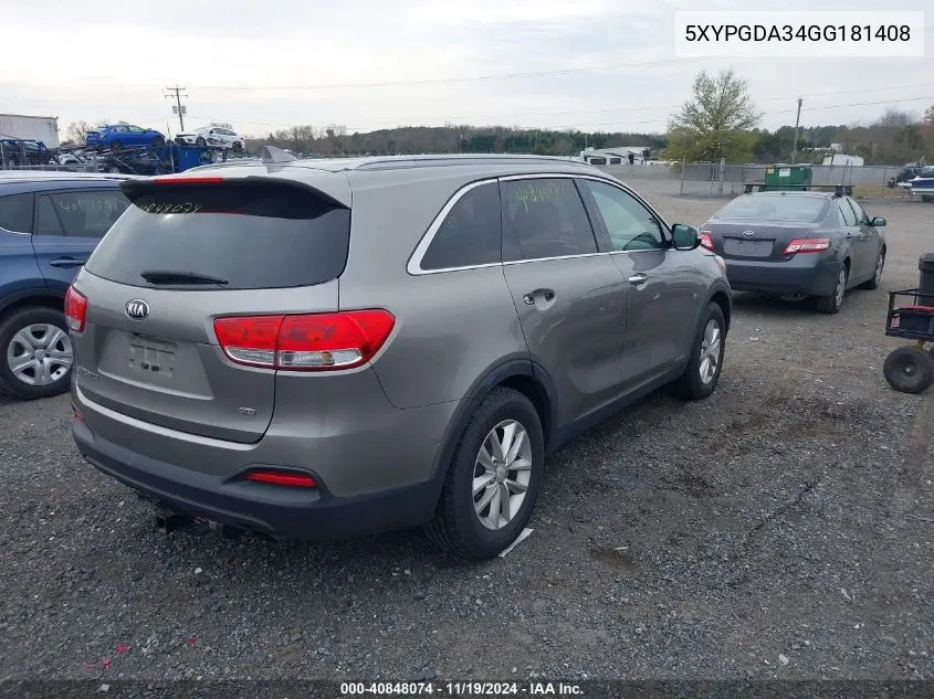 2016 Kia Sorento 2.4L Lx VIN: 5XYPGDA34GG181408 Lot: 40848074