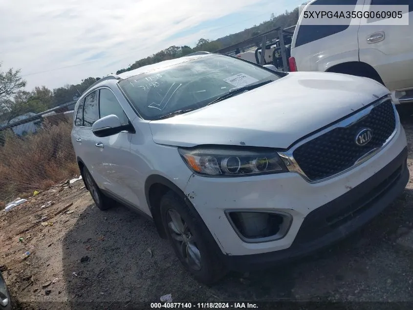 2016 Kia Sorento 2.4L Lx VIN: 5XYPG4A35GG060905 Lot: 40877140