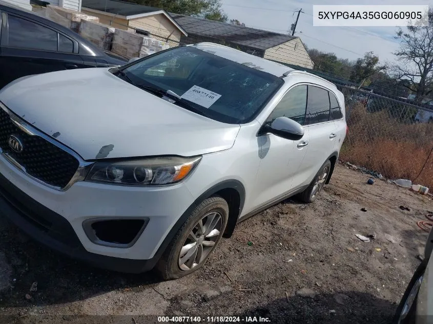 2016 Kia Sorento 2.4L Lx VIN: 5XYPG4A35GG060905 Lot: 40877140