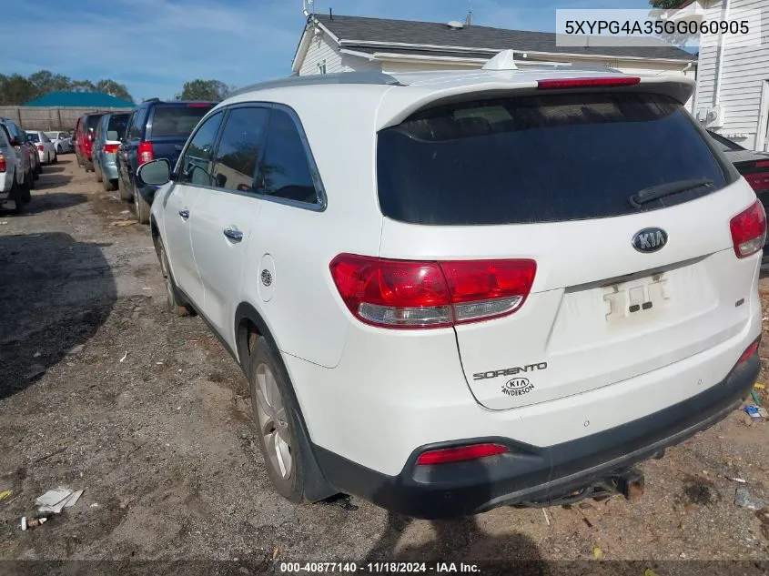 2016 Kia Sorento 2.4L Lx VIN: 5XYPG4A35GG060905 Lot: 40877140