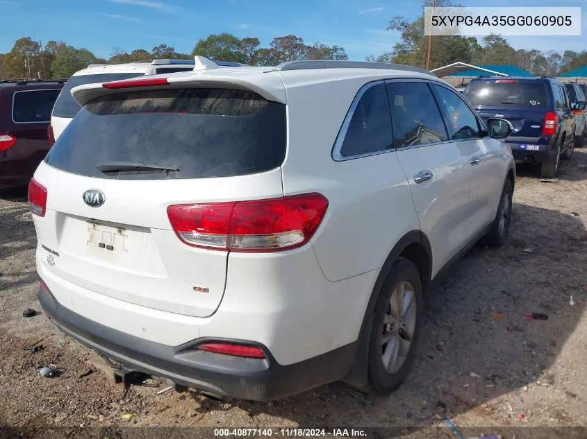 2016 Kia Sorento 2.4L Lx VIN: 5XYPG4A35GG060905 Lot: 40877140