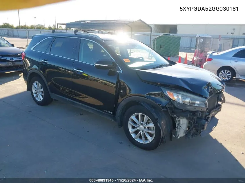 2016 Kia Sorento 3.3L Lx VIN: 5XYPGDA52GG030181 Lot: 40891945