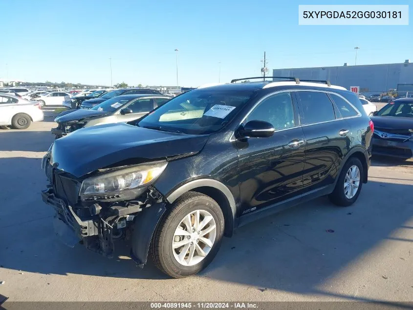 2016 Kia Sorento 3.3L Lx VIN: 5XYPGDA52GG030181 Lot: 40891945