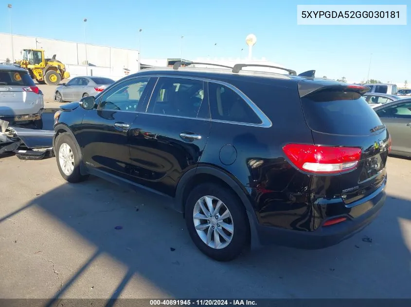 2016 Kia Sorento 3.3L Lx VIN: 5XYPGDA52GG030181 Lot: 40891945