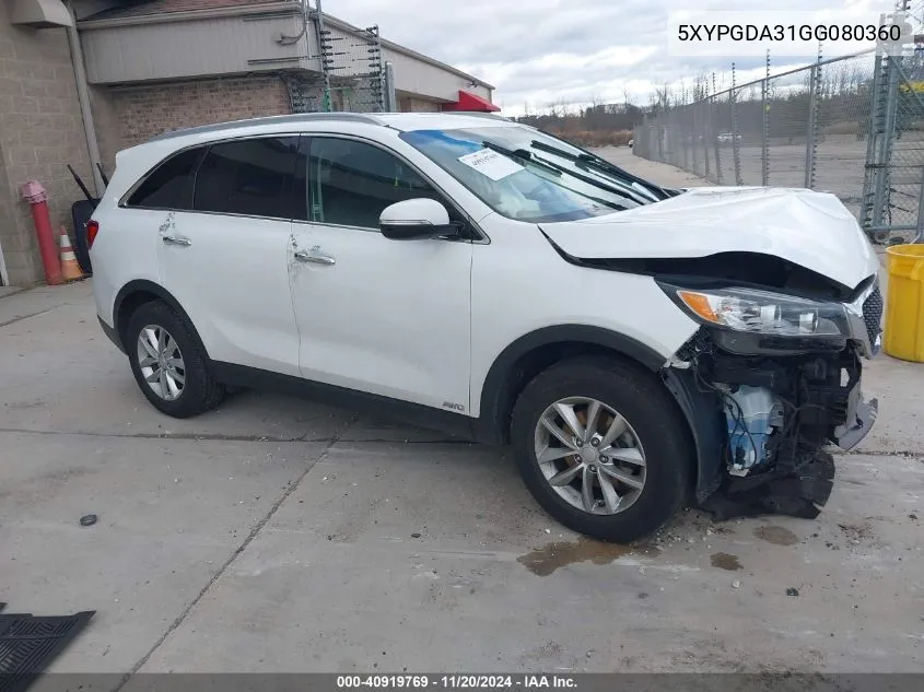 2016 Kia Sorento 2.4L Lx VIN: 5XYPGDA31GG080360 Lot: 40919769