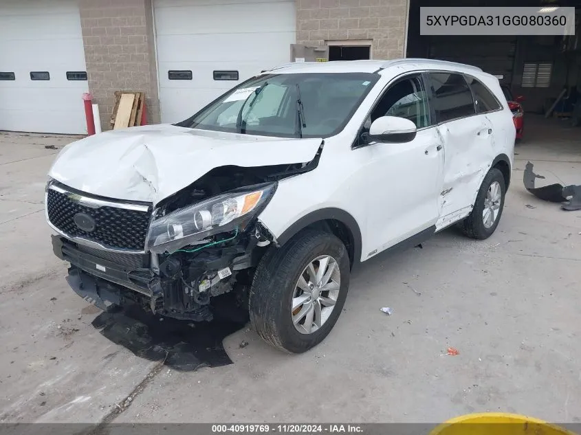 2016 Kia Sorento 2.4L Lx VIN: 5XYPGDA31GG080360 Lot: 40919769