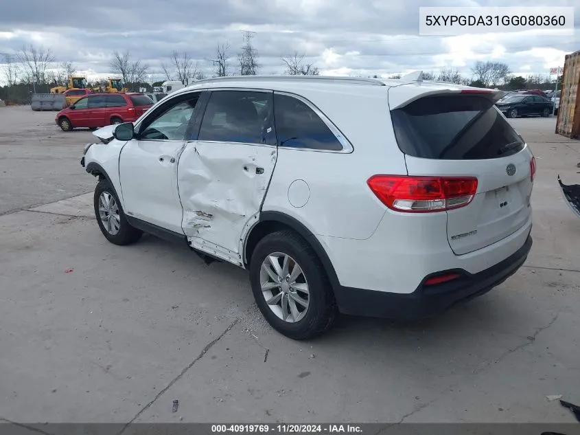 2016 Kia Sorento 2.4L Lx VIN: 5XYPGDA31GG080360 Lot: 40919769