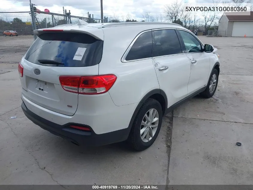 2016 Kia Sorento 2.4L Lx VIN: 5XYPGDA31GG080360 Lot: 40919769