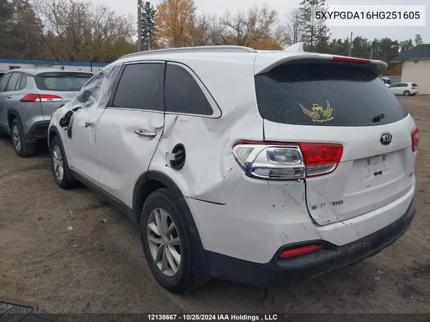 2017 Kia Sorento VIN: 5XYPGDA16HG251605 Lot: 12138667