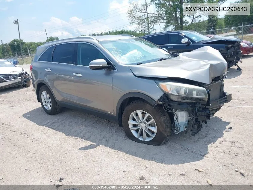 2017 Kia Sorento 2.4L Lx VIN: 5XYPGDA39HG290643 Lot: 39462405