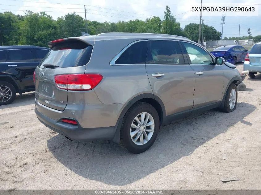 2017 Kia Sorento 2.4L Lx VIN: 5XYPGDA39HG290643 Lot: 39462405