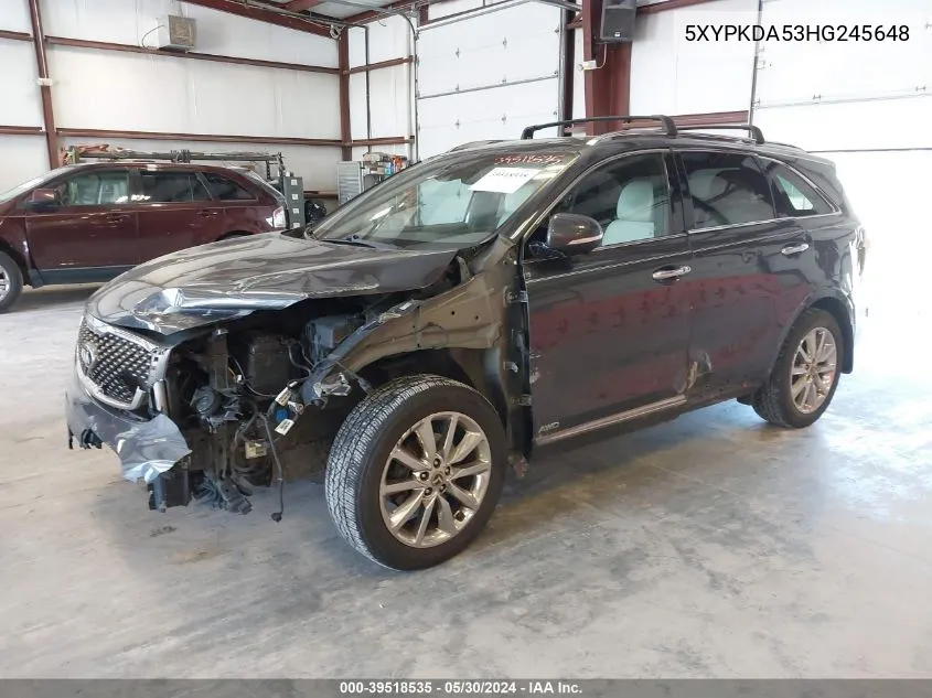 2017 Kia Sorento 3.3L Sxl VIN: 5XYPKDA53HG245648 Lot: 39518535