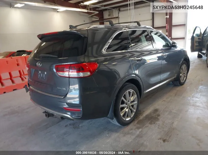 2017 Kia Sorento 3.3L Sxl VIN: 5XYPKDA53HG245648 Lot: 39518535