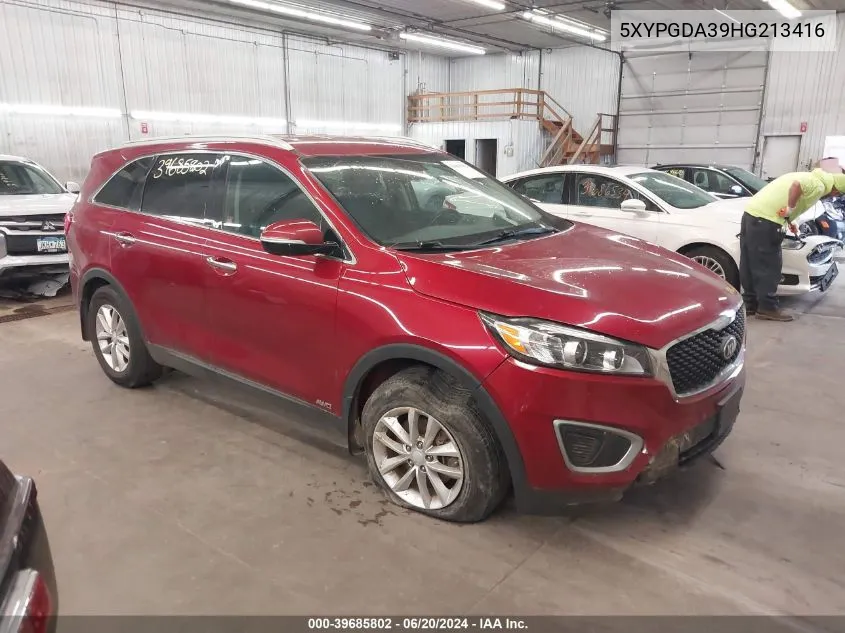 2017 Kia Sorento 2.4L Lx VIN: 5XYPGDA39HG213416 Lot: 39685802