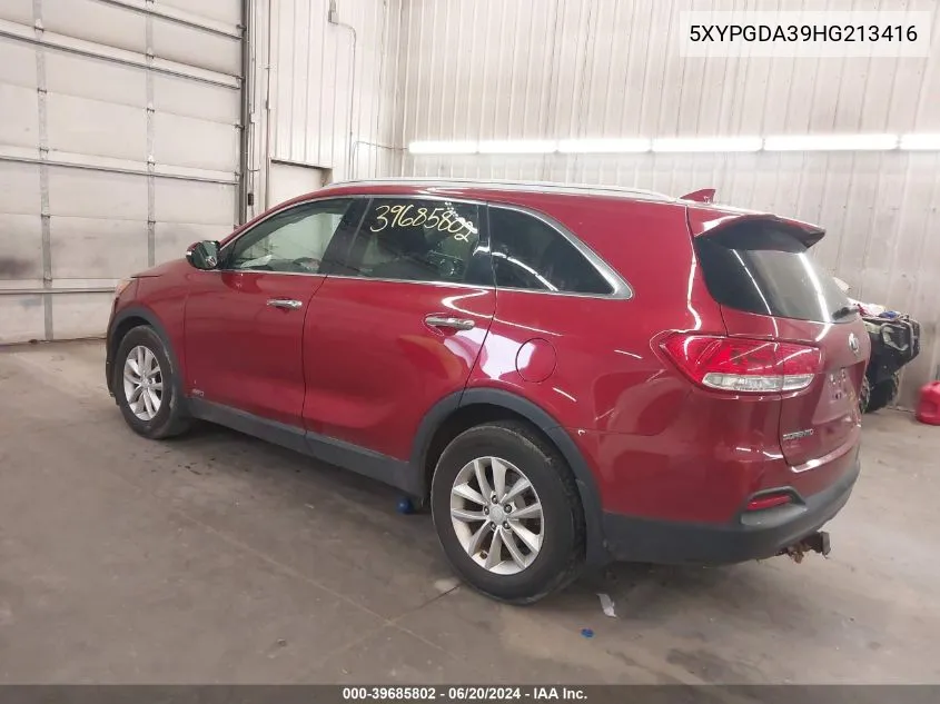 2017 Kia Sorento 2.4L Lx VIN: 5XYPGDA39HG213416 Lot: 39685802