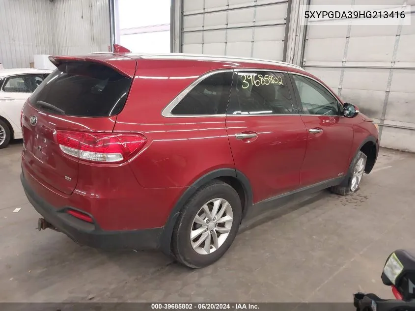 2017 Kia Sorento 2.4L Lx VIN: 5XYPGDA39HG213416 Lot: 39685802