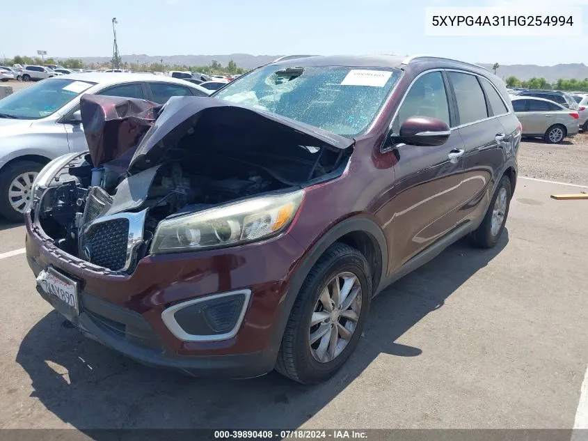 2017 Kia Sorento 2.4L Lx VIN: 5XYPG4A31HG254994 Lot: 39890408