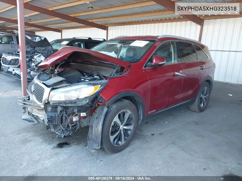 2017 Kia Sorento 3.3L Ex VIN: 5XYPHDA5XHG323518 Lot: 40126379