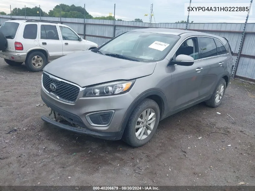 2017 Kia Sorento 2.4L L VIN: 5XYPG4A31HG222885 Lot: 40206679