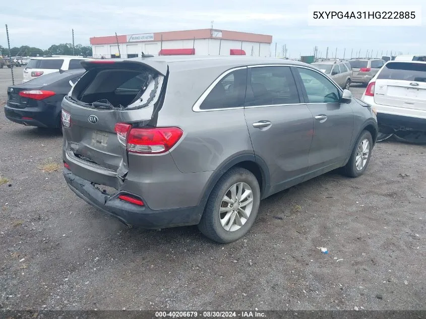 2017 Kia Sorento 2.4L L VIN: 5XYPG4A31HG222885 Lot: 40206679