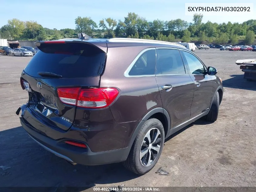 5XYPHDA57HG302092 2017 Kia Sorento 3.3L Ex