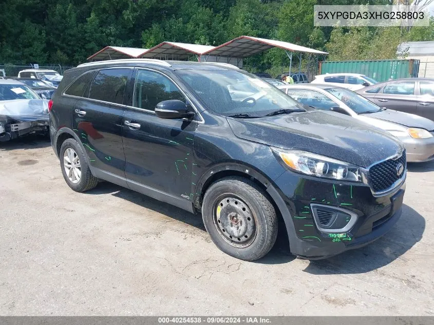 2017 Kia Sorento 2.4L Lx VIN: 5XYPGDA3XHG258803 Lot: 40254538