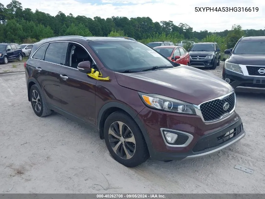 2017 Kia Sorento Ex VIN: 5XYPH4A53HG316619 Lot: 40262708