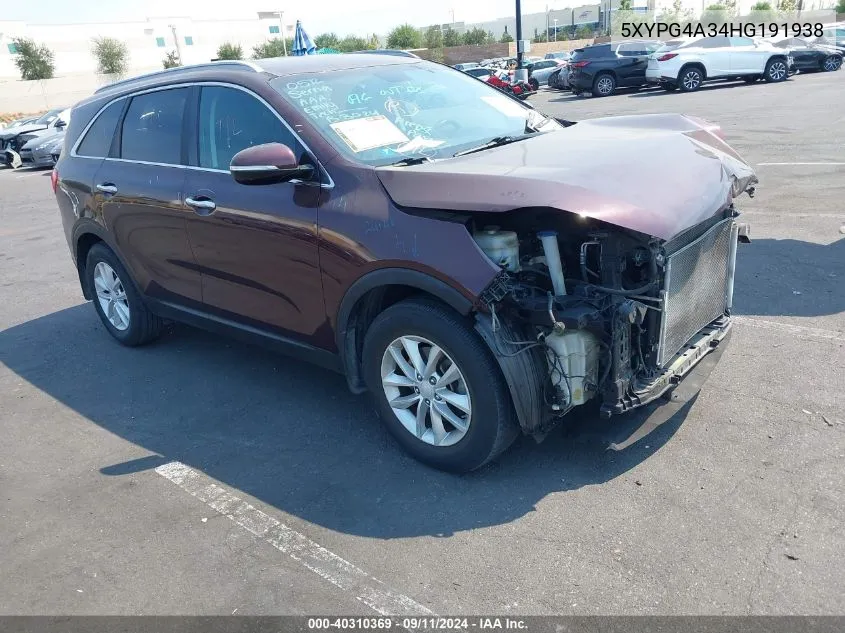 2017 Kia Sorento 2.4L Lx VIN: 5XYPG4A34HG191938 Lot: 40310369