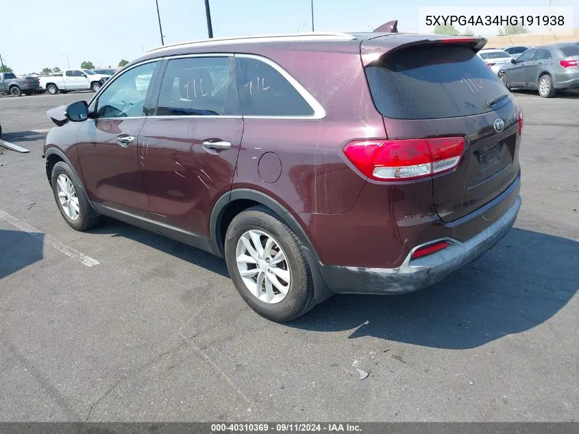 2017 Kia Sorento 2.4L Lx VIN: 5XYPG4A34HG191938 Lot: 40310369