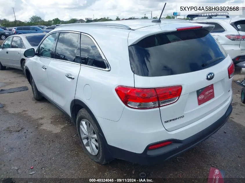 2017 Kia Sorento 3.3L Lx VIN: 5XYPG4A58HG302668 Lot: 40324045