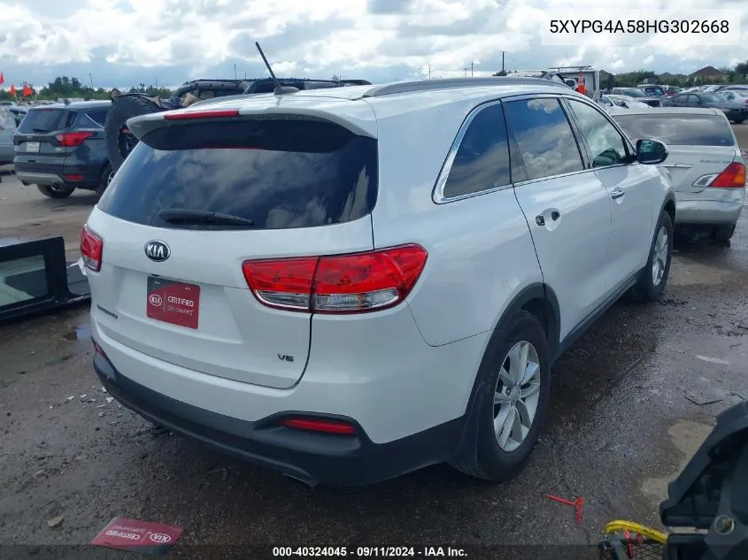 2017 Kia Sorento 3.3L Lx VIN: 5XYPG4A58HG302668 Lot: 40324045