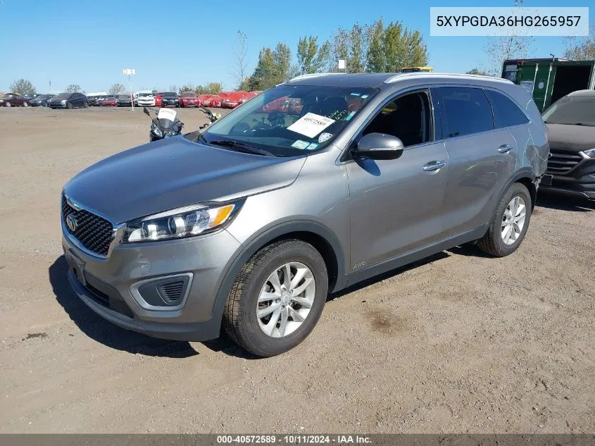 2017 Kia Sorento 2.4L Lx VIN: 5XYPGDA36HG265957 Lot: 40572589