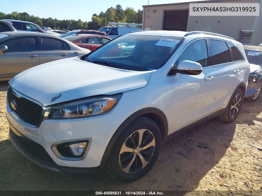 2017 Kia Sorento 3.3L Ex VIN: 5XYPH4A53HG319925 Lot: 40595631