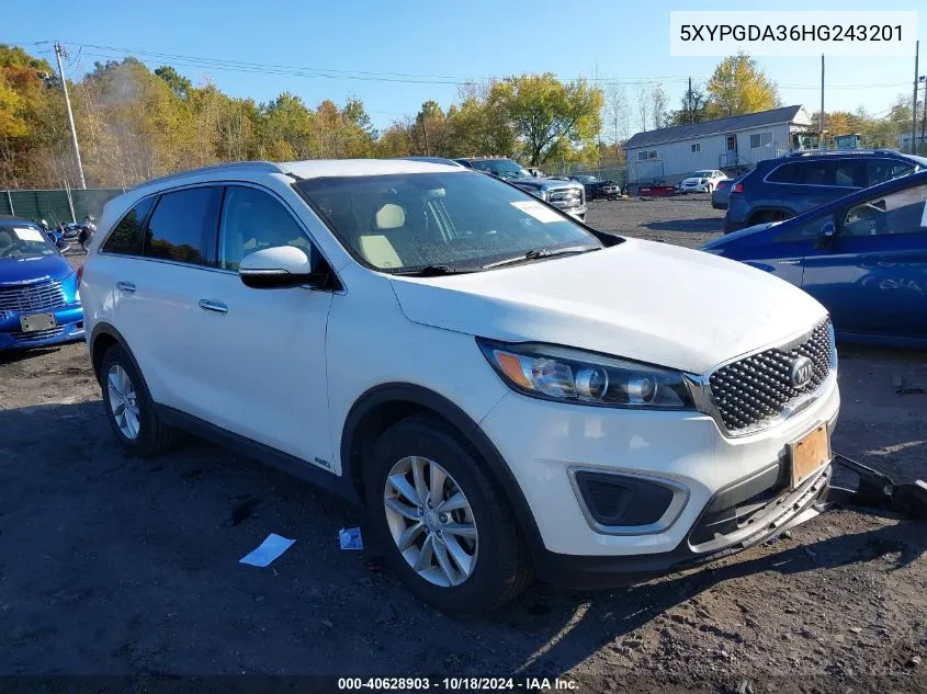 2017 Kia Sorento 2.4L Lx VIN: 5XYPGDA36HG243201 Lot: 40628903