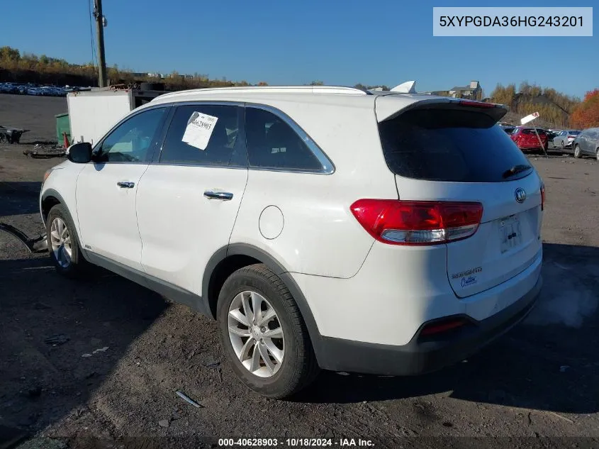 2017 Kia Sorento 2.4L Lx VIN: 5XYPGDA36HG243201 Lot: 40628903