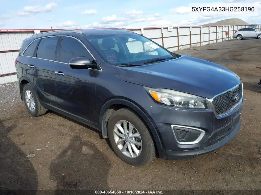 2017 Kia Sorento 2.4L Lx VIN: 5XYPG4A33HG258190 Lot: 40654658